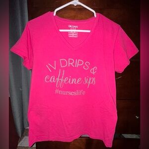 Nurse Novelty V- Neck T-shirt. IV Drips & Caffeine Sips.